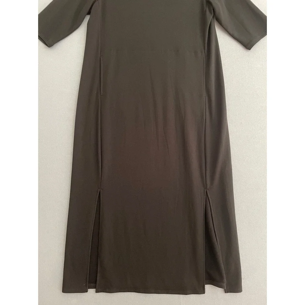 Pure Jill Luxe Tencel M Petite Dress Black VNeck Midi Minimalist 1/2 Sleeve Soft